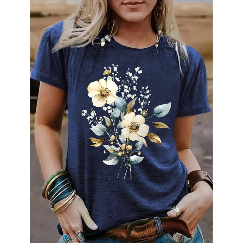 A New Summer Short-sleeved Women's T-shirt with Plant and Floral Prints
