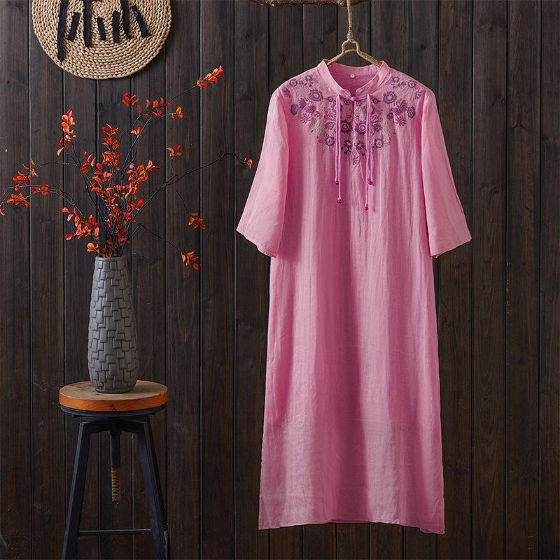 

Summer Chinese Style Mid-Length Ramie Printed Loose Dress XL рожевий червоний колір