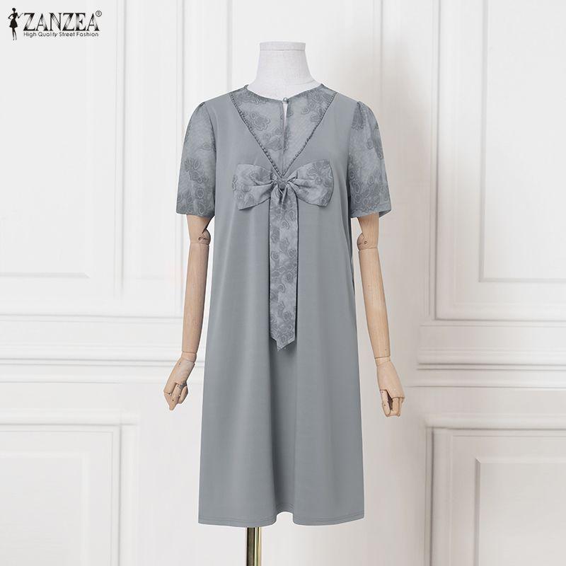 ZANZEA Elegant Womens Casual Round Neck Short Sleeve Splice Dress