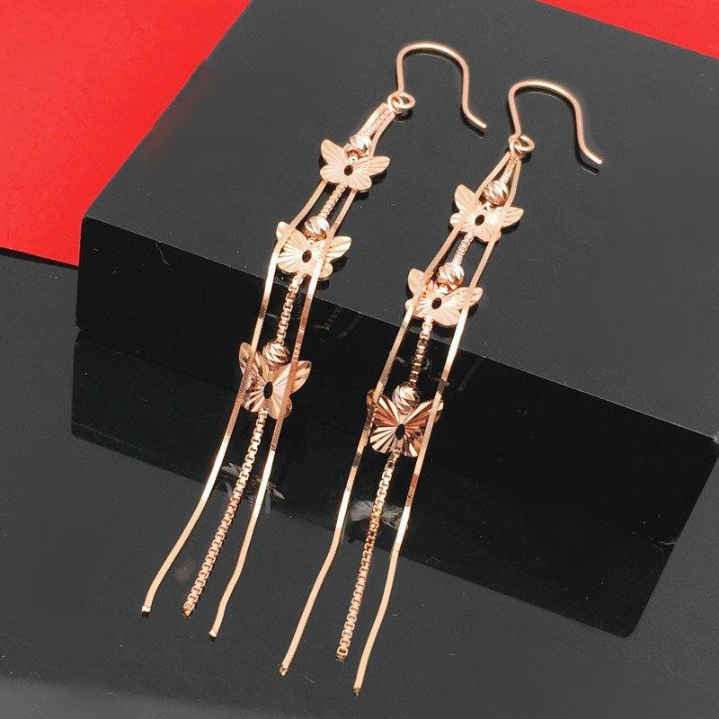 Exquisite Russian 585 Purple Gold Temperament Snake Bone Fringed Butterfly Earrings Rose Gold Color Gold Versatile Earrings