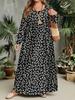 Spring and Autumn Women's Round Neck Long Sleeved Dress, Vacation Style Abstract Geometric Polka Dot Printed Long Skirt