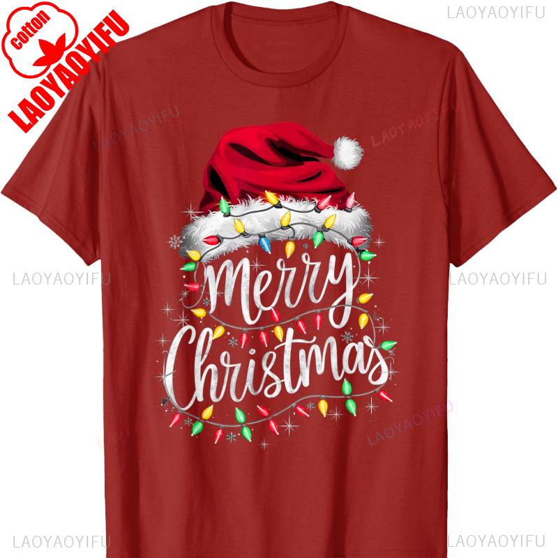 Red Santa Lights Design Christmas Cotton Tshirt for Men and Women Crew Neck Short Sleeve  All Seasons Casual Fashion Soft Ideal