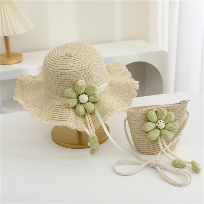 2Pieces Kids Summer Sun Hat And Bag Set Breathable Straw Braided Design For Beach Outdoor Activities
