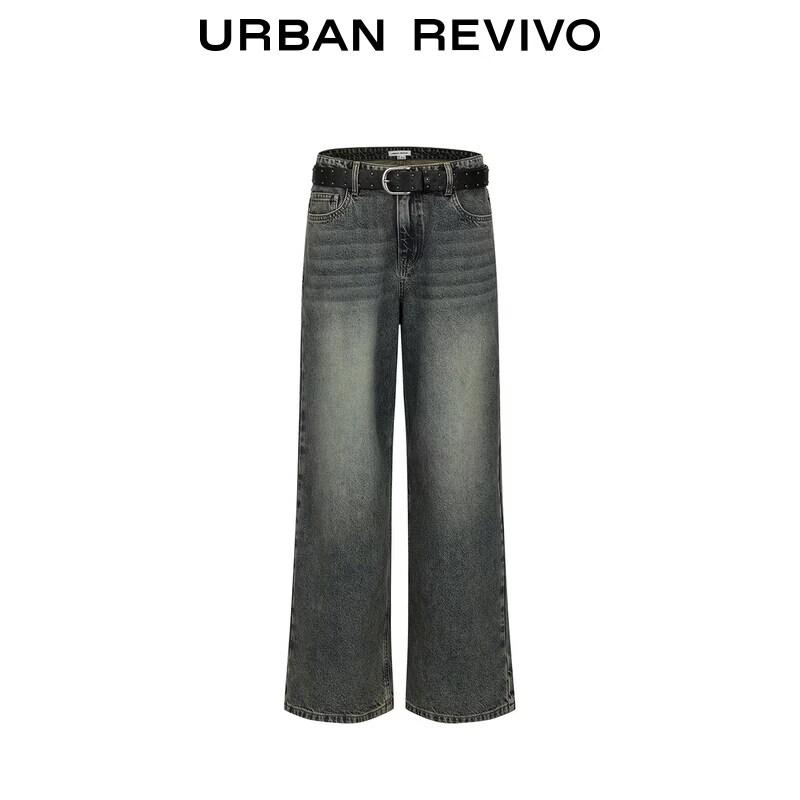 UR 2026 Spring Trendy Washed Cat-Whisker Belted Wide-Leg Denim Jeans
