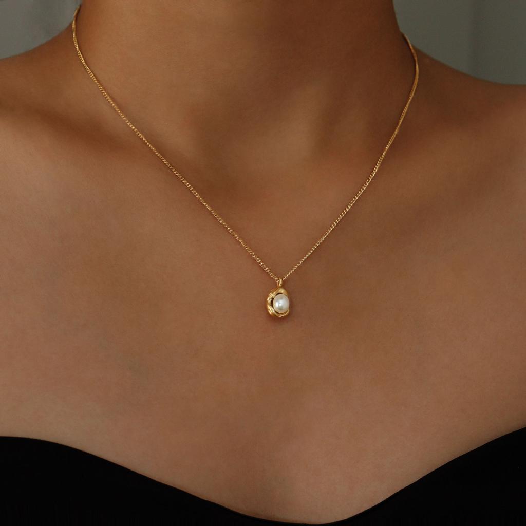 Light Luxury Pearl Shell Necklace Ring Set Stainless Steel Necklace Women'S High Color Retention