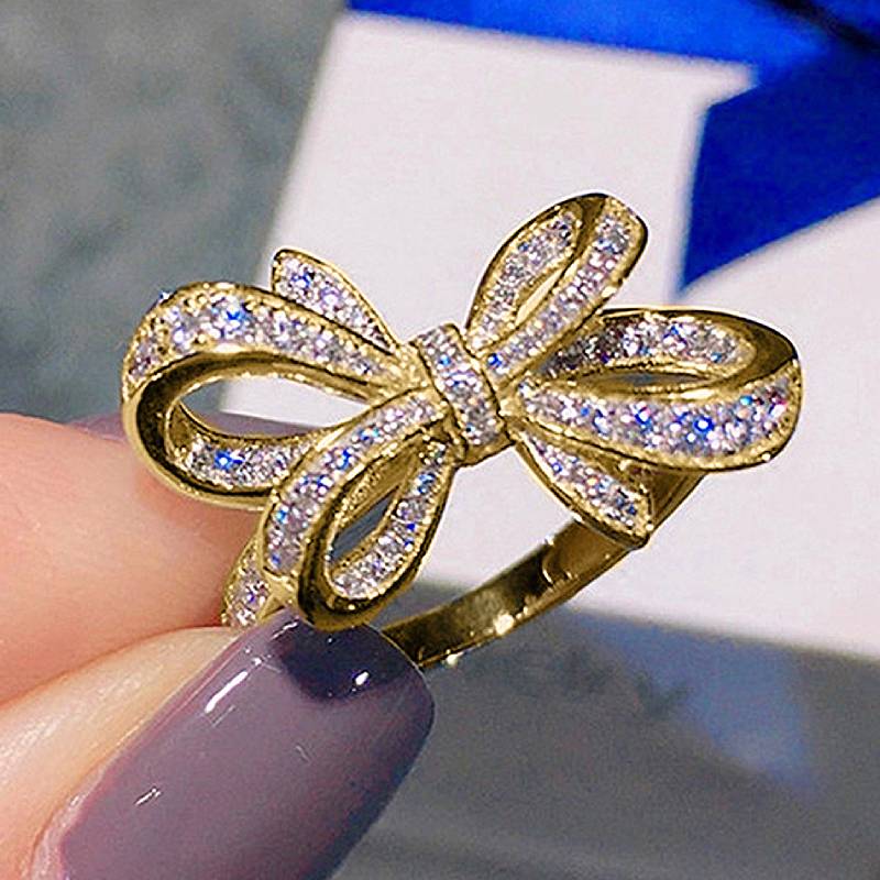 

Huitan Bow Shaped Women Ring Gold Color/Copper Color Fashion Party Engagement Elegant Accessories Lady Aesthetic Zircon with CZ 8