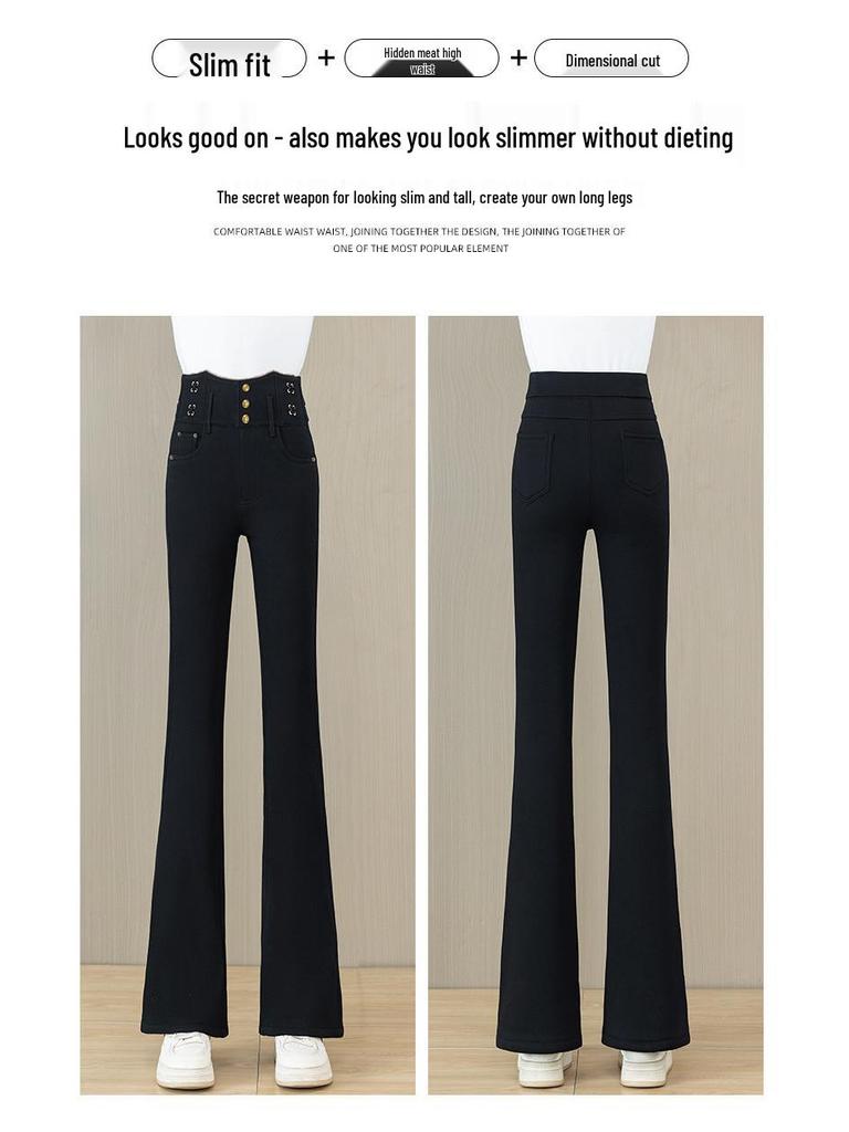 Women's High-Waist Velvet-Lined Denim Flare Pants: Slimming, Elastic, and Warm Nine-Point Style
