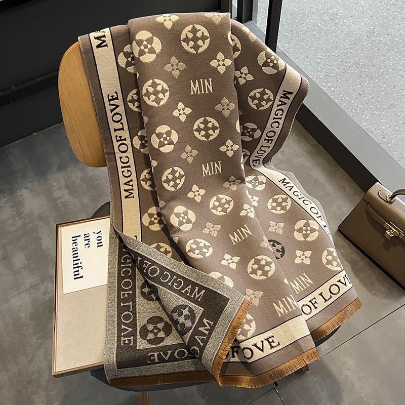 New Korean Style Printed Faux Cashmere Scarf for Women Air Conditioned Shawl New Double Sided Thickened Scarf for Autumn and Winter