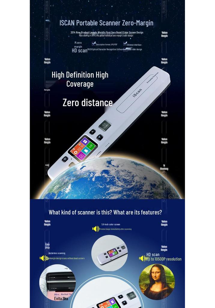 Portable Borderless HD Scanner, 1050 DPI, Black & White/Color