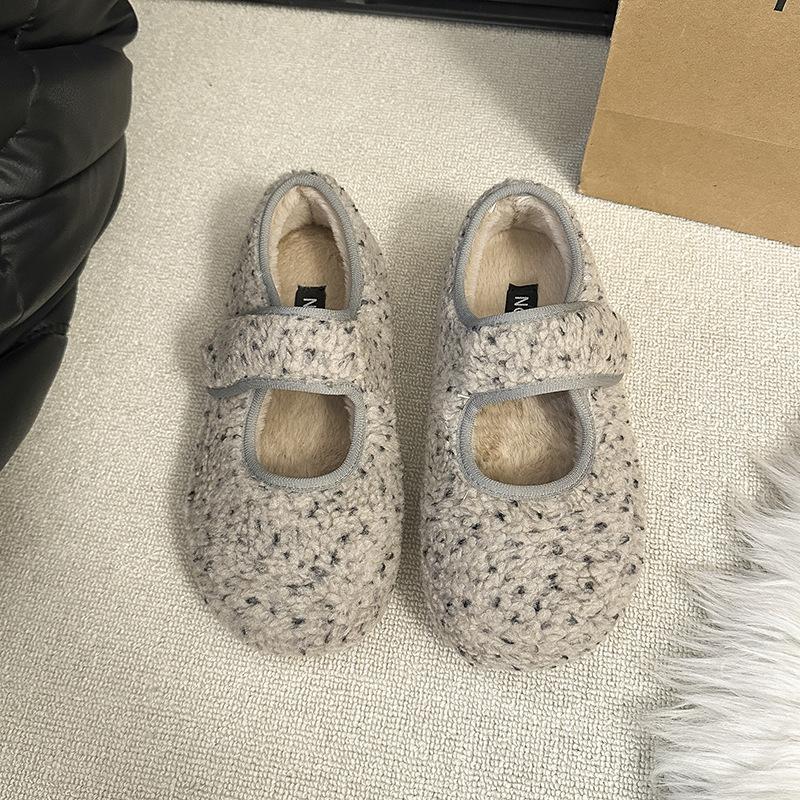 

Леопардовый принт Мэри Джейн пушистые туфли женские зима 2025 новые уродливо милые хлебные хлопковые туфли на липучке плоские плюшевые одинарные туфли 40