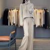 Damen 100% Wolle Strick Zweiteiler: Rundhals-Cardigan & Weitbeinige Hose