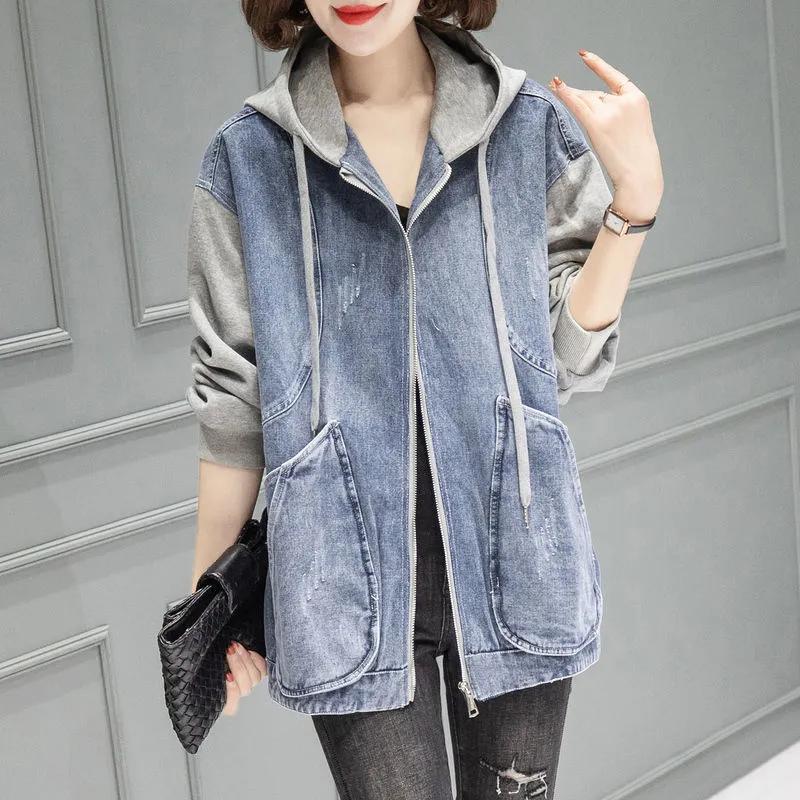 Women's Spring Autumn Loose Fit Hooded Denim Jacket - Casual Long Sleeve Baseball Shirt Style Coat