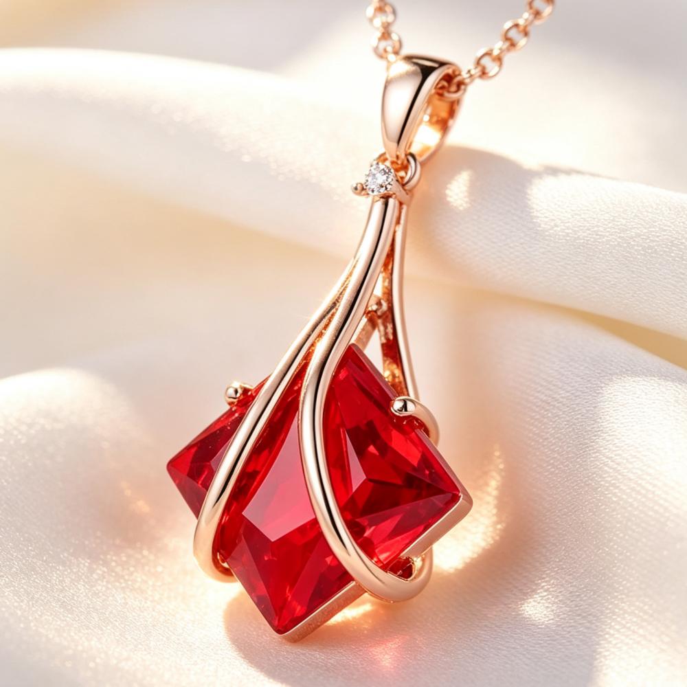 Stunning Rose Gold Color Red Zircon Geometric Pendant Necklace for Women Daily and Party