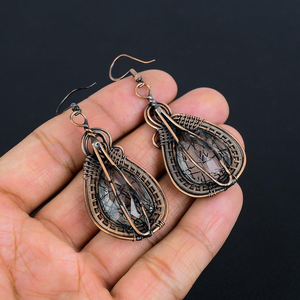 Black Rutile Jewelry, 999 Copper Wire Wrapped Gemstone Earrings, Handmade Earrings, For Memorial Day