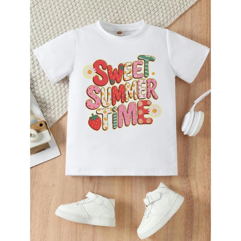 European Size Girls Round Neck Short Sleeved T Shirt with Unique English Print  Sweet Summer Time