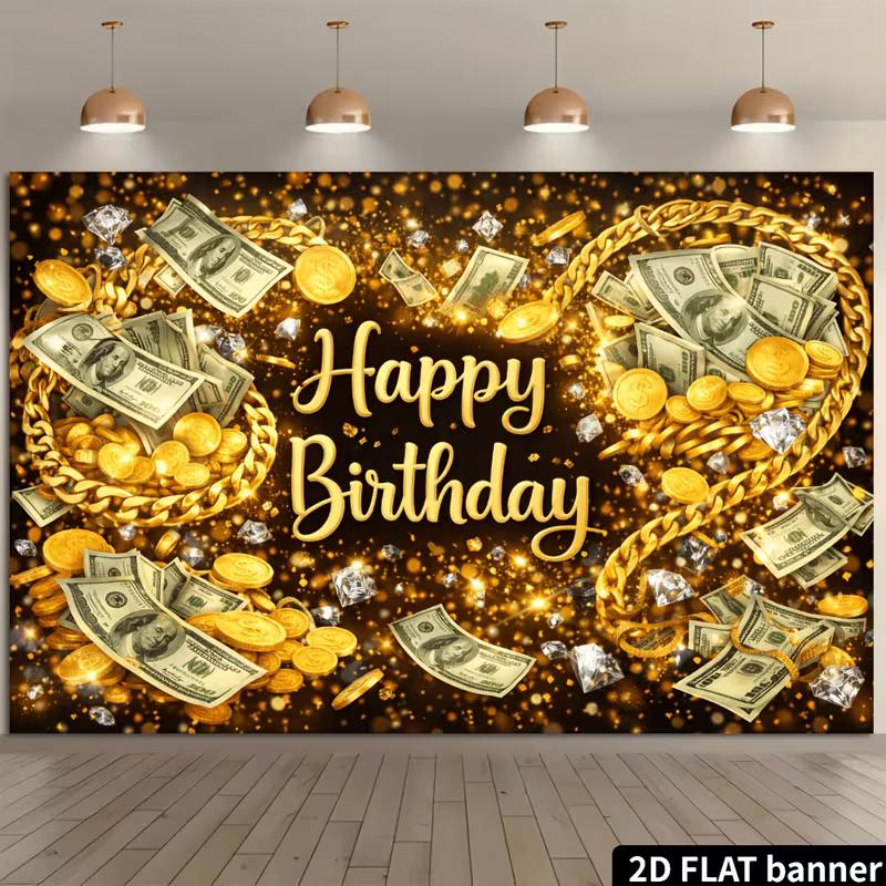2D Money Birthday Backdrop Black Gold Cash and Confetti Party Background