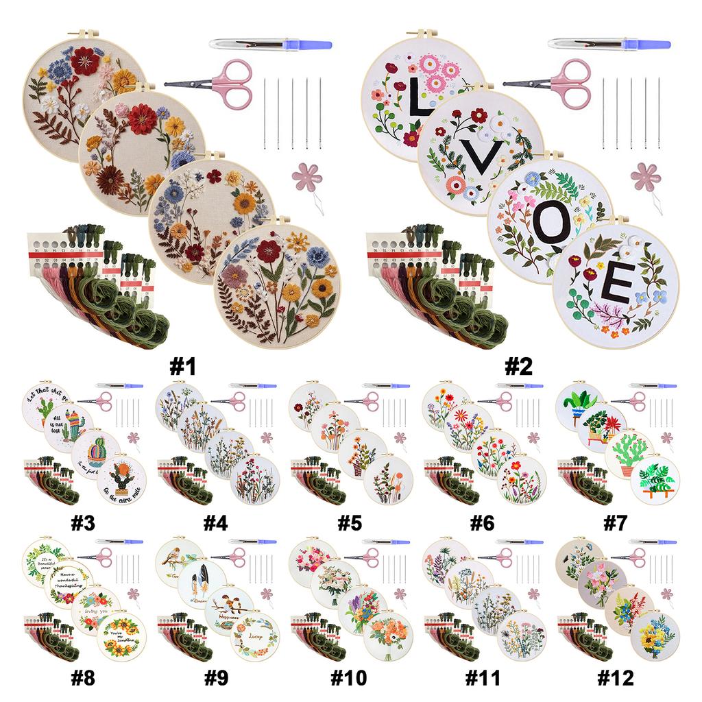 4 Pack Flowers DIY Embroidery Starter Kit with Embroidery Hoop Needlework Craft 30x30cm for Adult Beginners Gift for Women