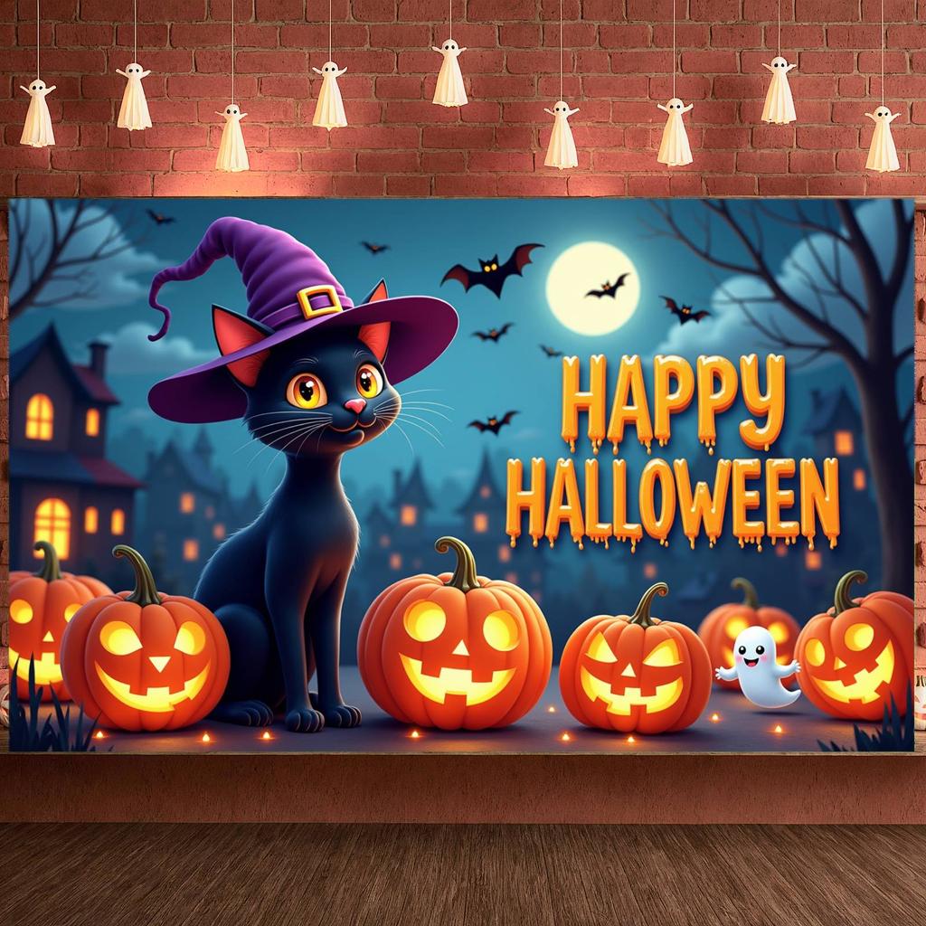 Party Banner Night Scene Witch Hat Banner Halloween Banner Black Pumpkin Decoration For Halloween Party Festival Event Spooky