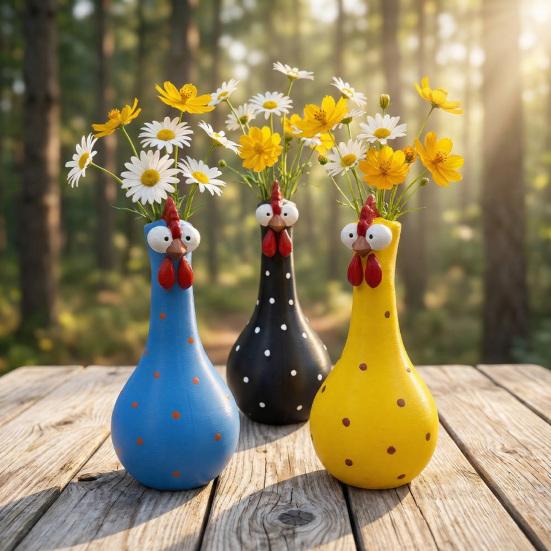 Long Neck Colorful Chicken Statue, Big Eye Cartoon Resin Rooster Vase, Funny Outdoor Cock-Shaped Vase for Lawn, Yard, Office, Home Decor
