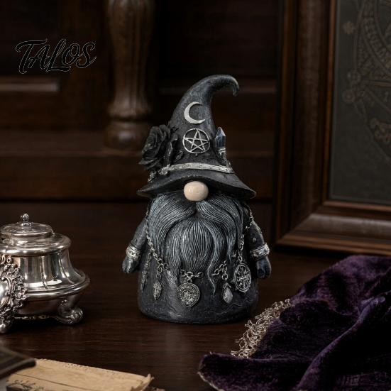 Witch-themed Display Wizard Hat Faceless Gnome Figurine, Mystical Home Decor Statue with Crescent Pentagram Black Rose Study Desk Ornament Rune