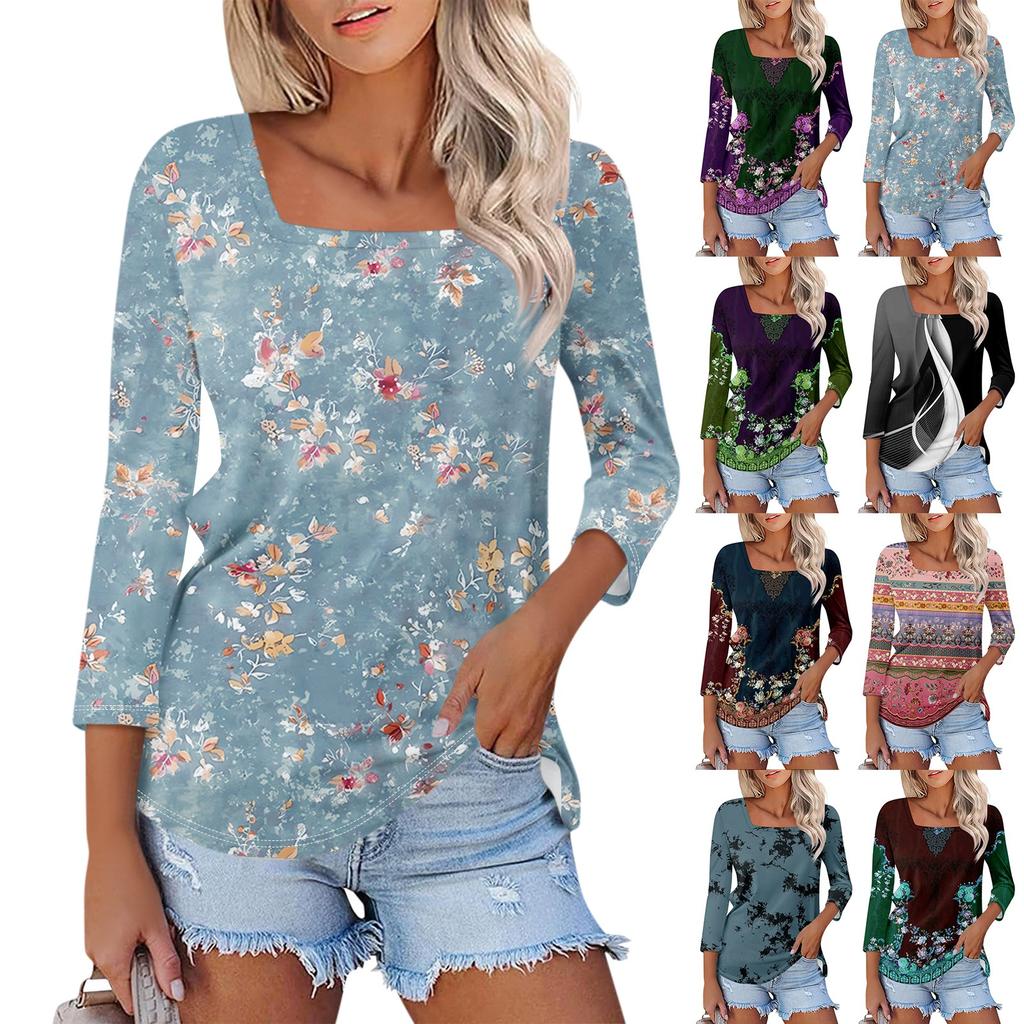 Women's 3/4 Sleeve Square Neck Floral Shirt Casual Loose Tunic Top
