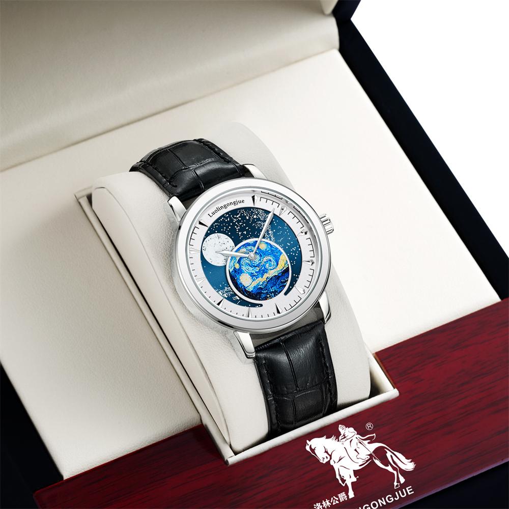 Mode Luxus Leder Automatik Leuchtende Sportuhr Herren Mondphase Sternenhimmel Kunst Zifferblatt Design Mechanische Uhr