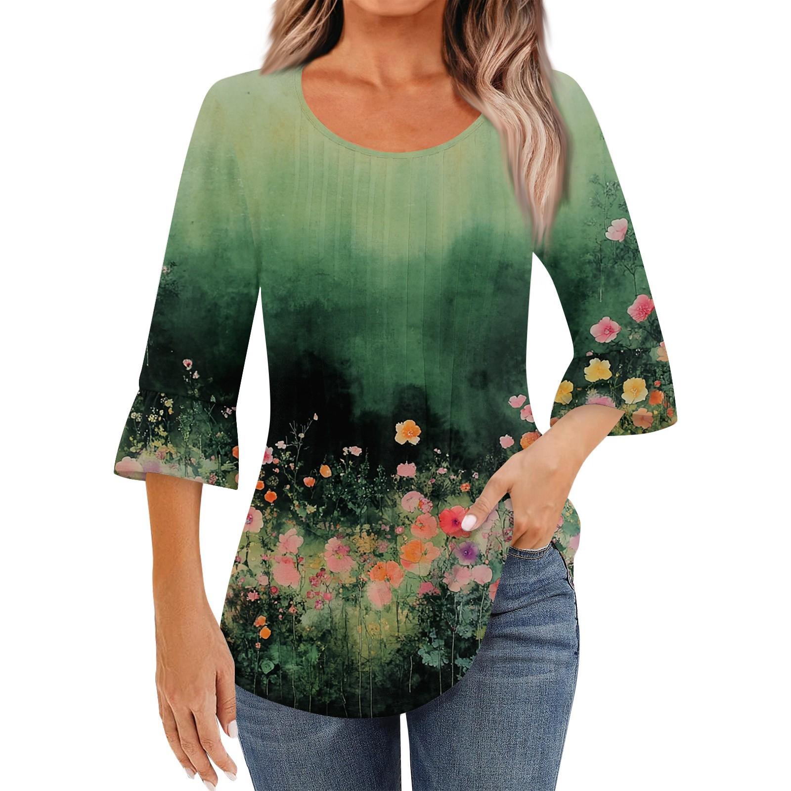 

Женская модная повседневная плиссированная футболка с круглым вырезом и цветочным принтом, рукав три четверти L армия зеленый