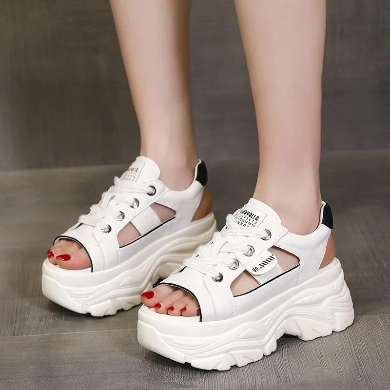 8cm Genuine Leathe Slippers Lace Up Hollow Multicolor Peep Toe Sandals Platform Wedge Ladies Women Summer White Slides Shoes
