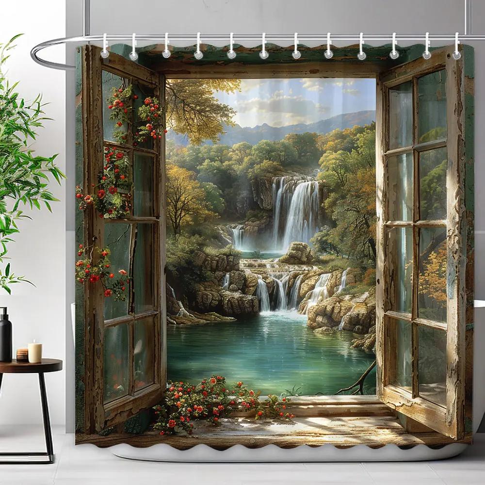 Chinese Archway Scenic Shower Curtain Landscape Waterfall Outdoor Landscape Polyester Fabric Shower Curtains Bathroom Decoration