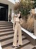 Women's Two-Piece Set: Tea-Colored One-Shoulder Irregular Top and Grey Wide-Leg Pants for Autumn