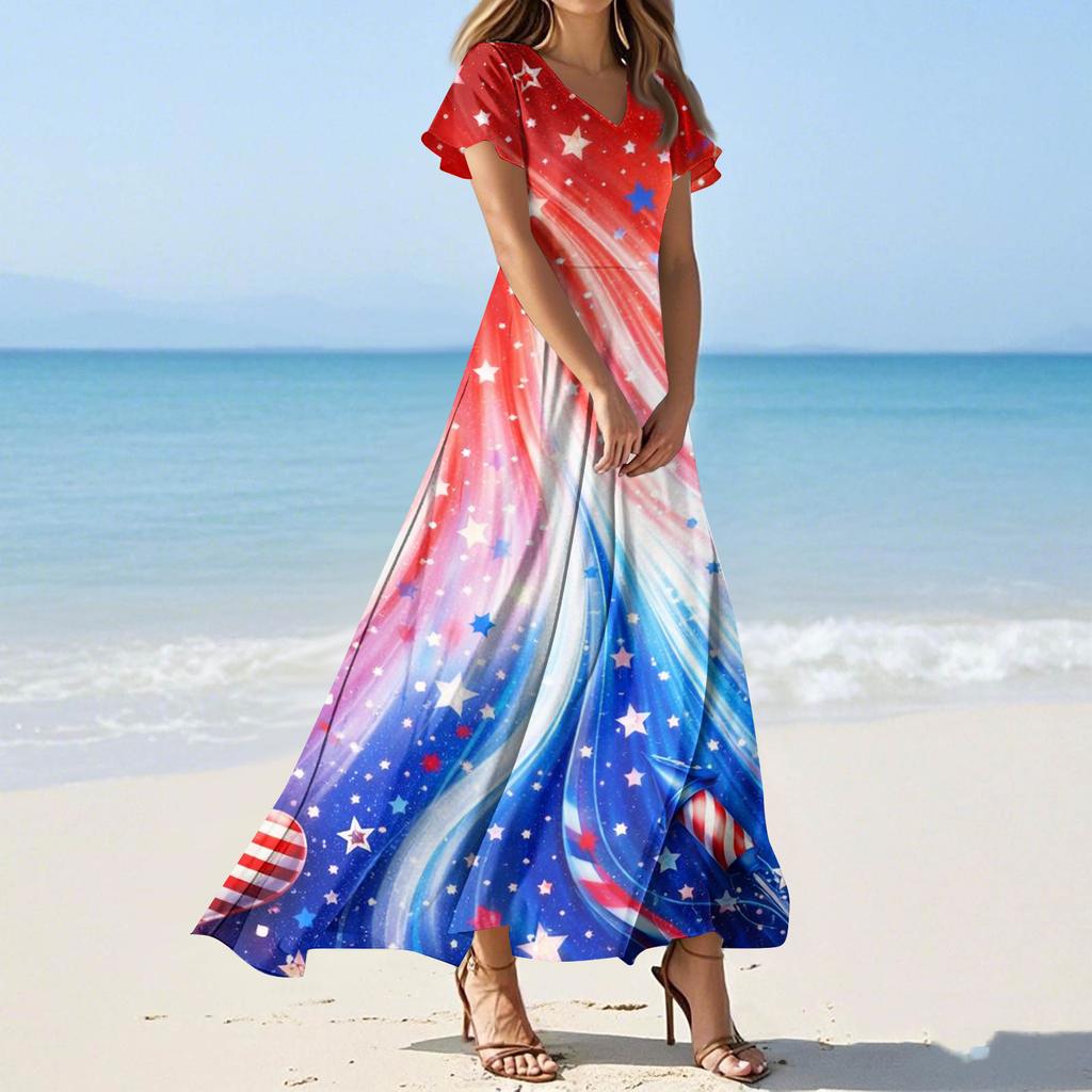 Dámské letní ležérní módní šaty s barevným potiskem Šaty s krátkým rukávem s výstřihem do V