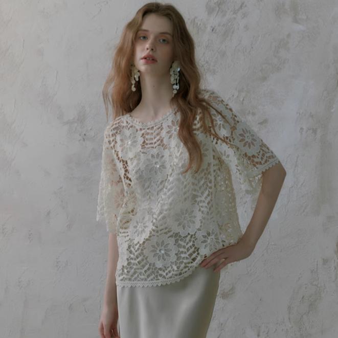 DIMANAF 2025 Neues T-Shirt Damen Strickspitze Blume O-Ausschnitt Aushöhlung Sommerstil Basic Oberteile T-Shirts Lockere Kleidung