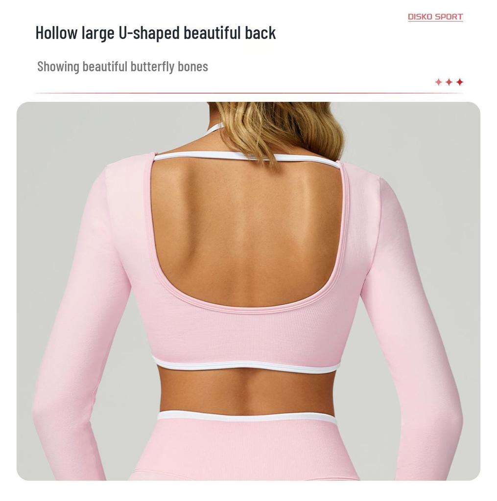 Sömlös Color Block Tvådelad Långärmad Cropped Yoga T-shirt för Löpning & Fitness