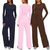 Solid Color Casual Long Sleeve Set Top High Waisted Wide Leg Pants Sportswear