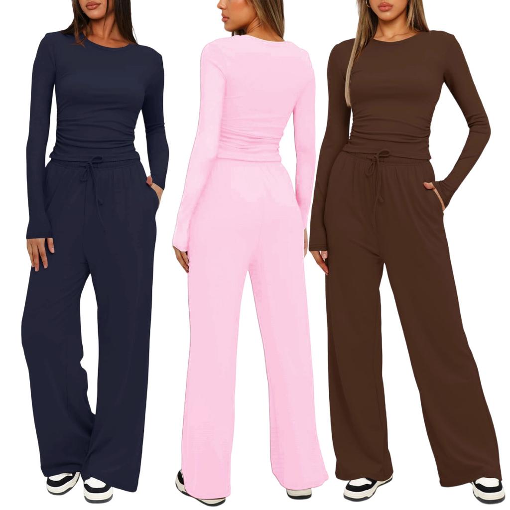 Solid Color Casual Long Sleeve Set Top High Waisted Wide Leg Pants Sportswear