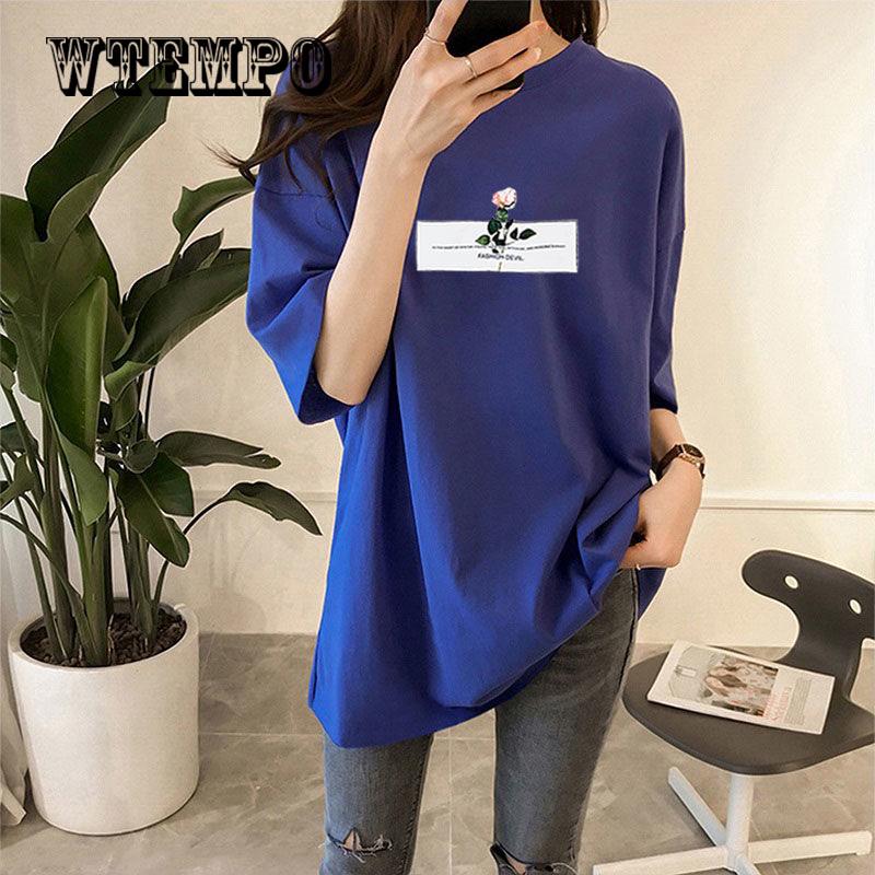 

WTEMPO Fashion Summer T Shirt Women Tops Letter Print Black White T Shirts T-shirt