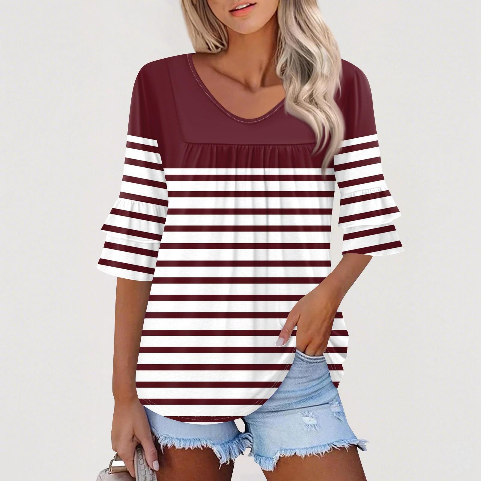 

Женские топы с рукавами 3/4, нарядные повседневные блузки, свободные туники с рукавами-колокольчиками и оборками, футболки с V-образным вырезом XL винный