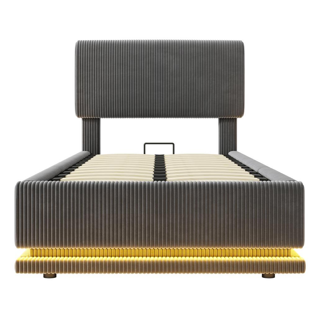 Modern Upholstered Beds with LED Lighting, USB-C Charging, Height-Adjustable Headboard, Corduroy, Slatted Frame, Under-Bed Storage.90*200 Gray