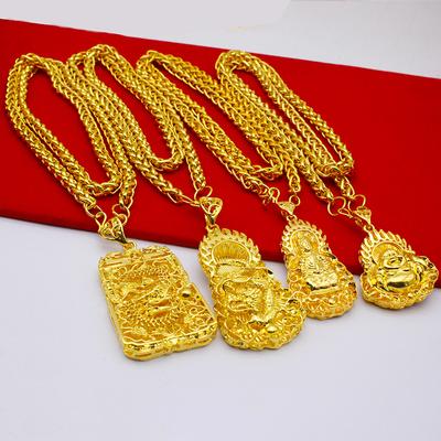 Men's Gold-plated Large Tag Necklace, Flame Square Dragon Brand, Guanyin Maitreya Buddha Pendant Necklace.