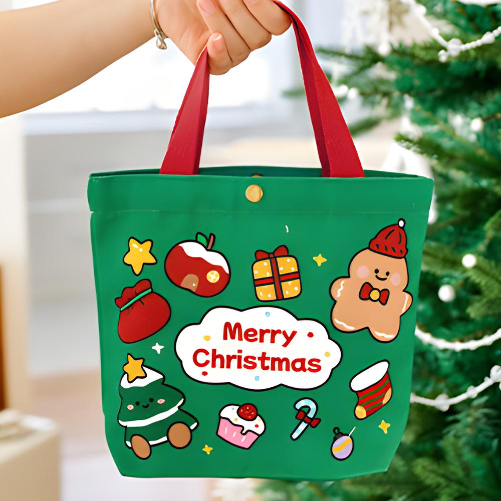 

Christmas Gift Bags Reusable Canvas Tote girl & Women, Festive Santa Snowman Pattern with Snap Closure, Shopping, and Daily Use 22x19cm