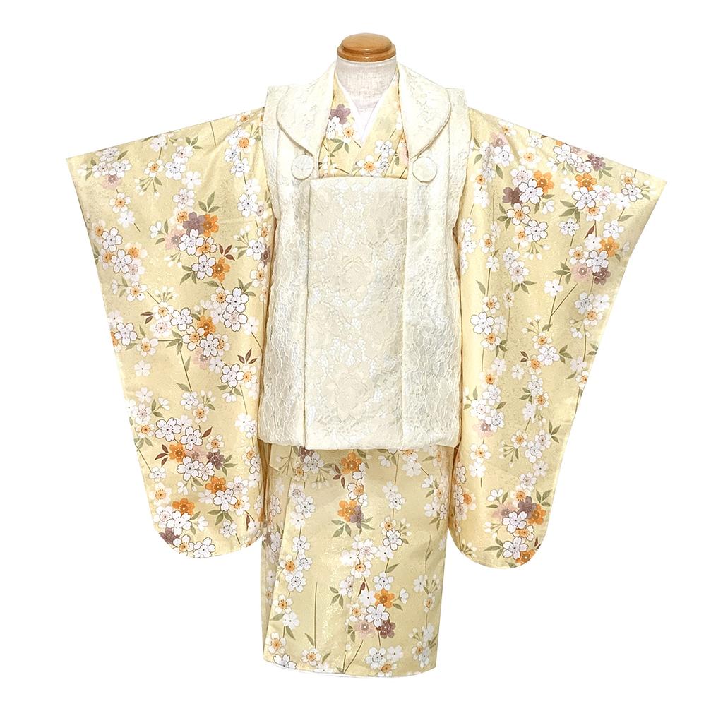 3 Years Old Girl Kimono Set Lace Cover Set Festival Peach Festival and Light Weeping Cherry [Muromachi-st.] Shichi-Go-San Doll's "Light Yellow,