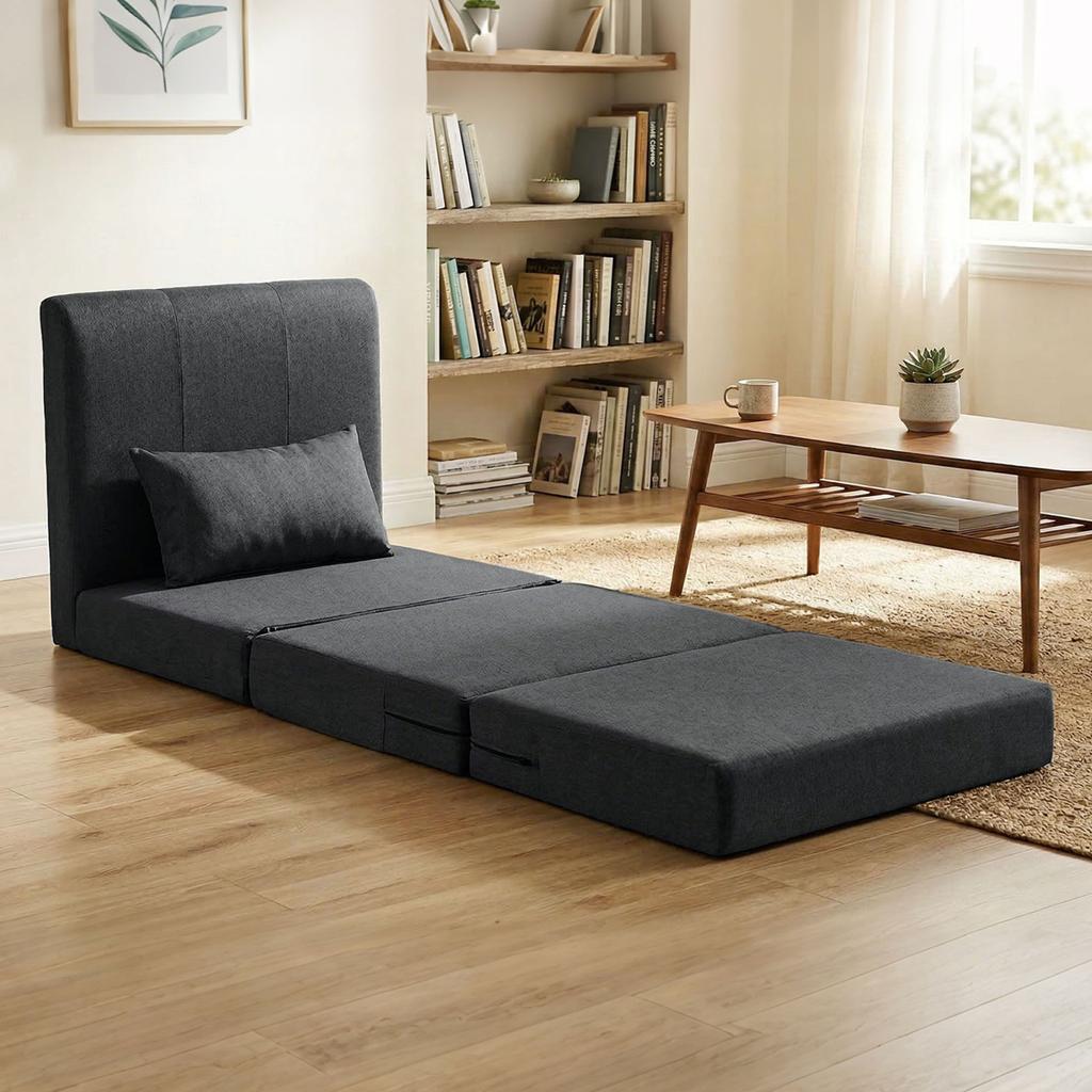 2-in-1 Folding Lounge Chair Foldable Sofa Bed with Linen Texture, Upholstered Guest Bed Folding Chair, Dark Grey