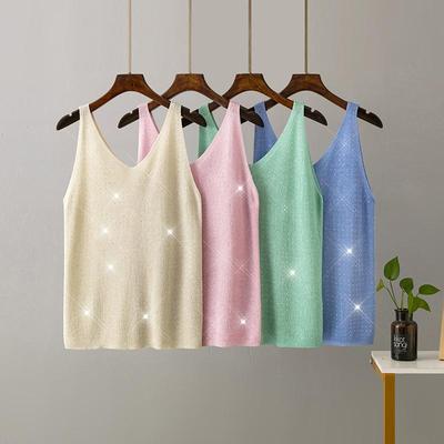 Women Summer Ice Silk Knitted Suspender with Bright Thread Crystal V-Neck Solid Color Slim Fit Sexy Tank Top
