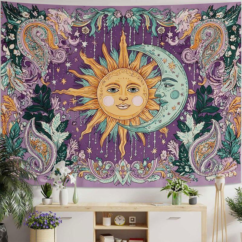 Wall Tapestry Bohemian Purple Tone Sun Moon God Tapestry Vintage Paisley Pattern Sun Moon Printed Print Tapestry