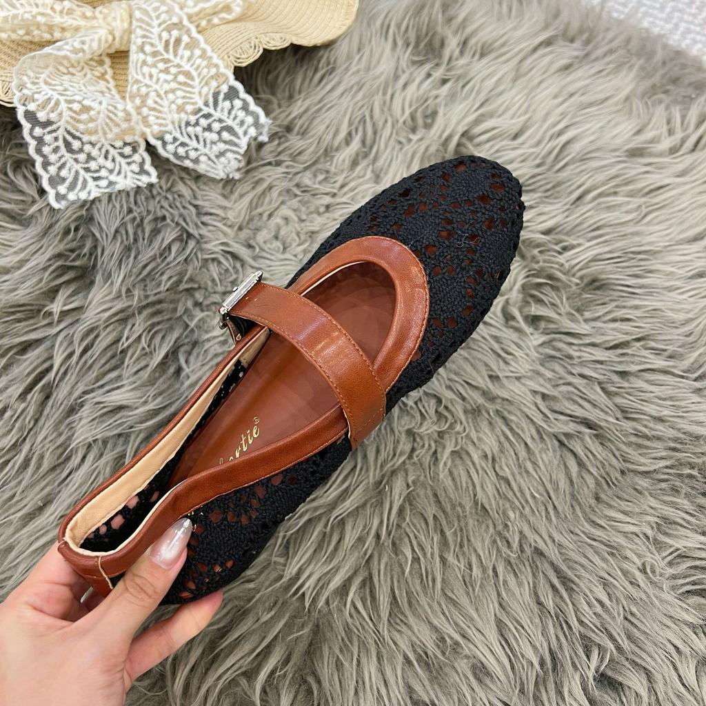 Inner Heightening Women's Shoes Breathable Hollow Woven One-word Strap Single Shoes 25 Summer New Casual Splicing Round Head Grandma Shoes