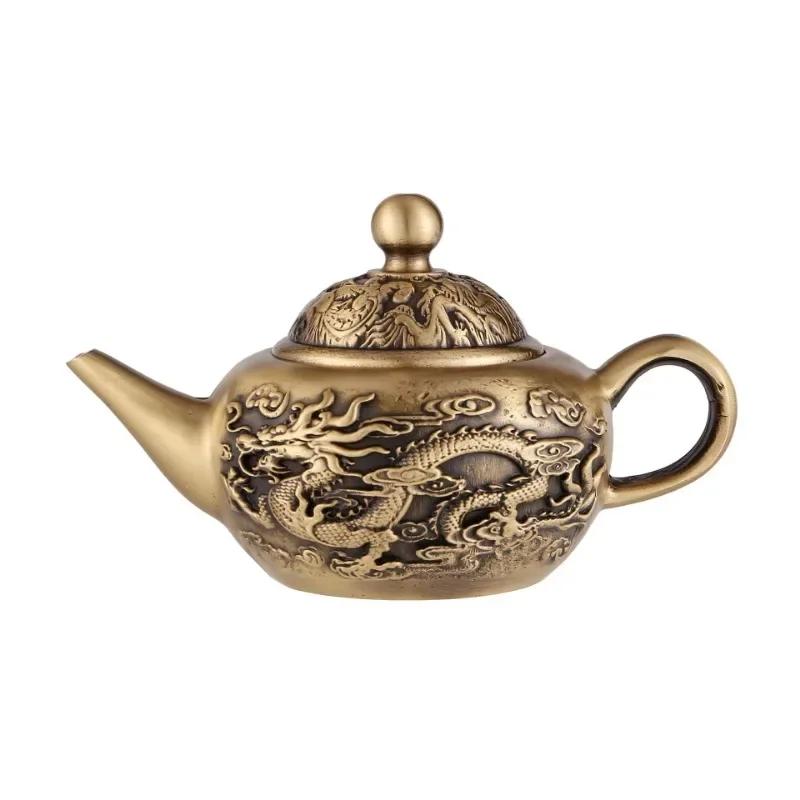 Brass Dragon and Phoenix Small Tea Pot Landscape Qilin Portable Table Decoration Bronze Ware