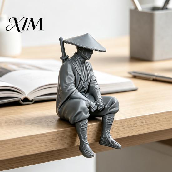Atmospheric Retro Room Decor 3D Printed Ancient Chinese Hermit Warrior Figurine, Swordsman Statue with Bamboo Hat, Desktop Archeology Rack Mini