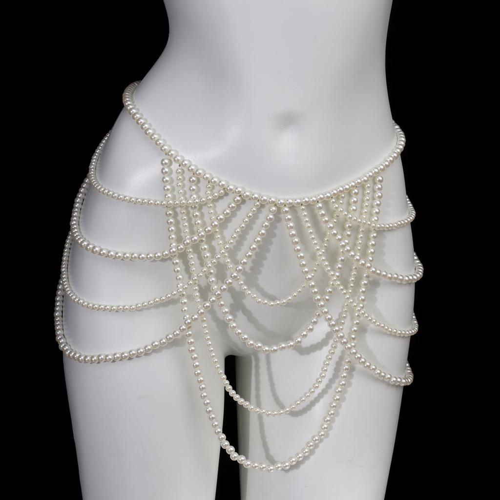 Fashionable multi-layer tassel retro style imitation pearl waist chain banquet charm women's body chain jewelry