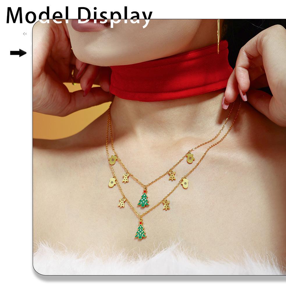 Green Zircon Sugar Cube Christmas Tree Drip Necklace: Romantic Titanium Steel Multi-Pendant Clavicle Chain Gift for Women