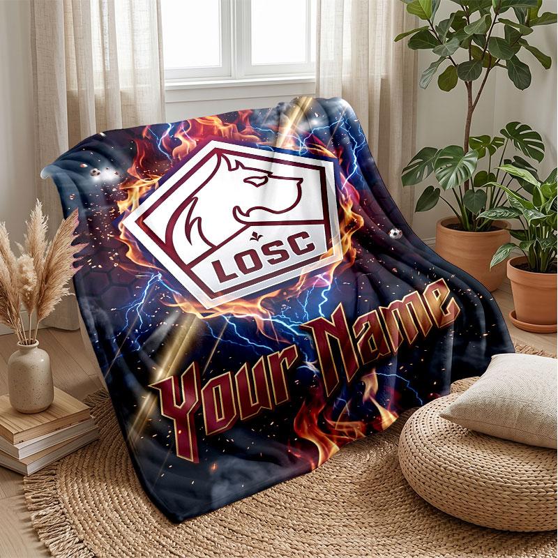LOSC Lille Custom Name Text Flannel Blanket Soccer Logo Personalized Fleece Throw Blanket Special Gift For Sofa Bedroom Home